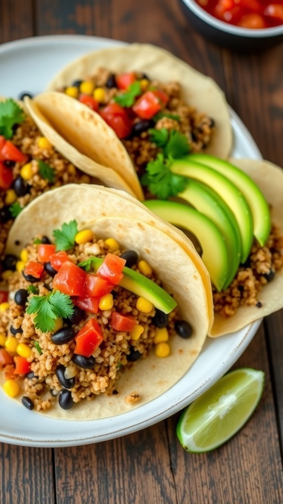 Quinoa tacos filled with black beans and corn, topped with avocado and salsa, on a wooden table.